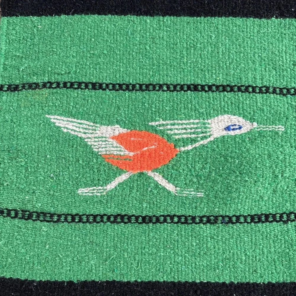 Vintage Southwestern Wool Rug Table Wall Hand Woven Bird Roadrunner